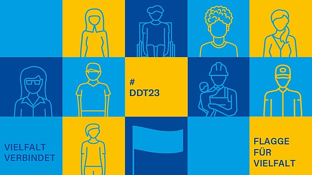 Collage mit verschiedenen Menschen und Beschriftung "Vielfalt verbindet, #DDT23, Flagge für Vielfalt"