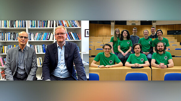 Foto-Collage: Links Prof. Dr. Mathias Frisch und Prof. Dr. Torsten Wilholt; rechts die interdisziplinäre studentische Projektgruppe "Team Glücksklee"