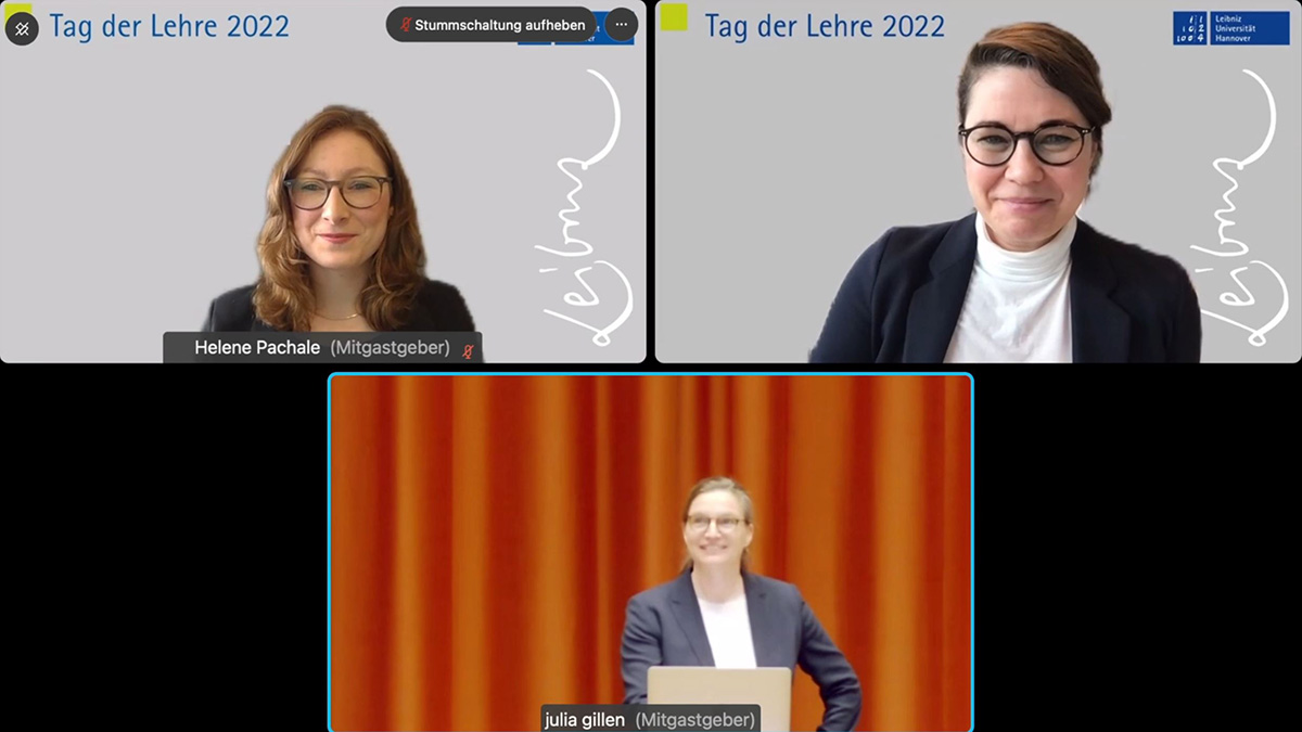 Screenshot von drei referierenden Personen in einer Videokonferenz.