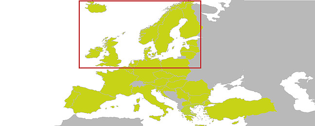 Europa-Karte mit rotem Kästchen um Nordeuropa.